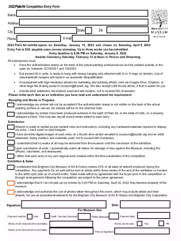 2022 Plein Air Competition Entry Form Preview on Page 1