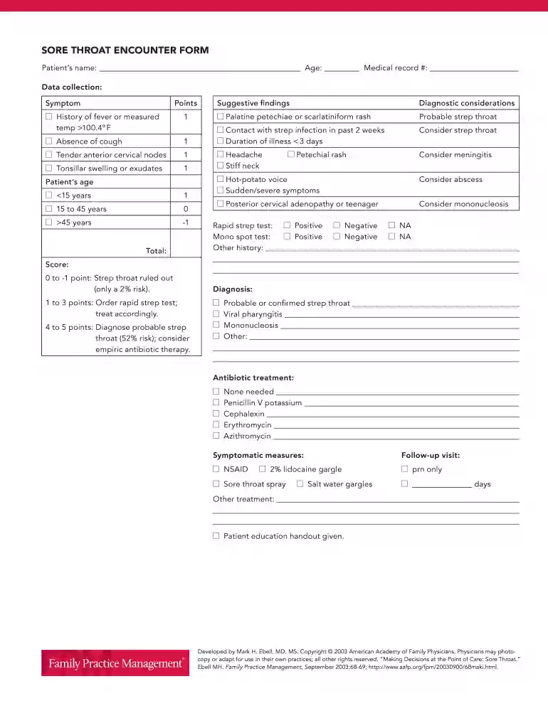 Sore ThroaT encounTer Form - Home American... - aafp Preview on Page 1