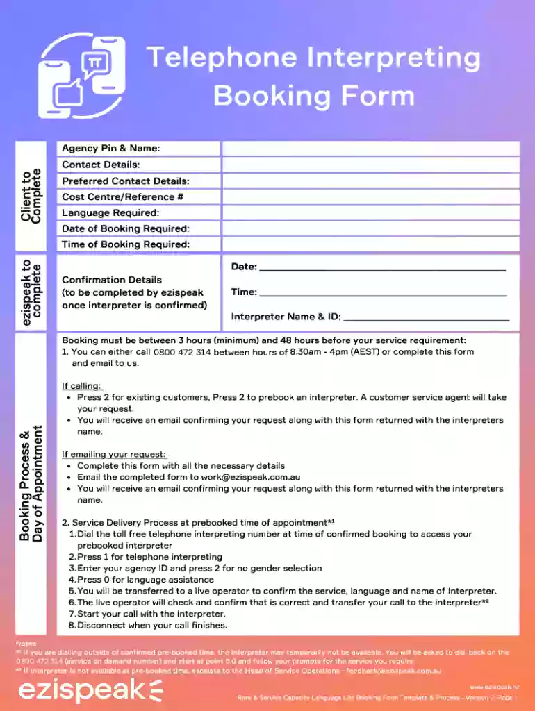 ezispeak - Telephone Interpreter Booking Form Preview on Page 1