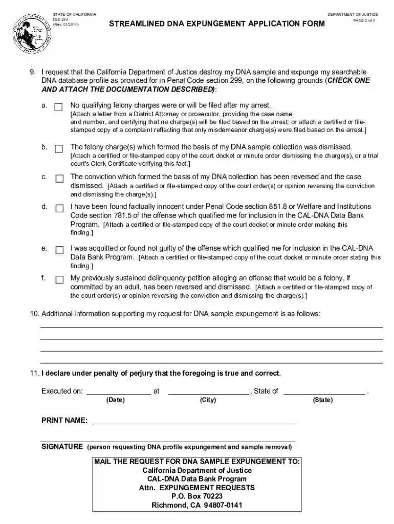 DLE 244, Streamlined DNA Expungement Application Form DLE 244, Streamlined DNA Expungement Applicati Preview on Page 1