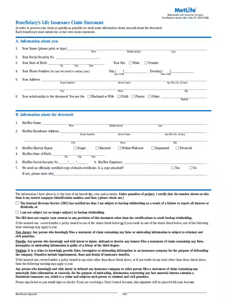 metlife claim form Preview on Page 1