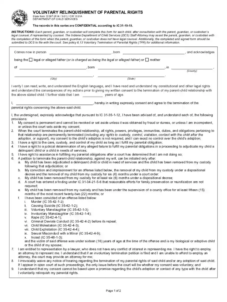voluntary termination of parental rights indiana form Preview on Page 1
