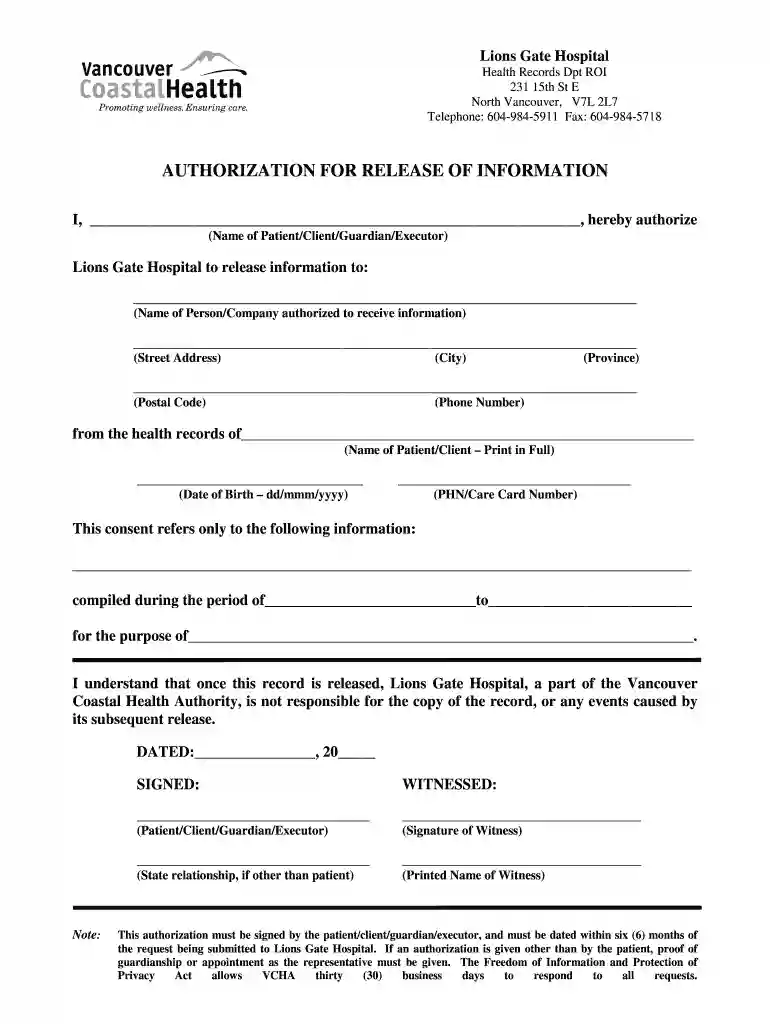lions gate hospital health records Preview on Page 1