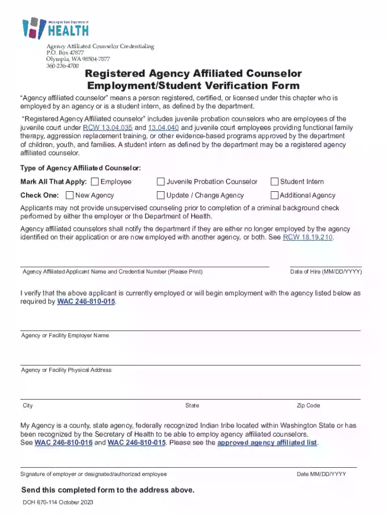 Registered Agency Affiliated Counselor Employment Verification Form Preview on Page 1