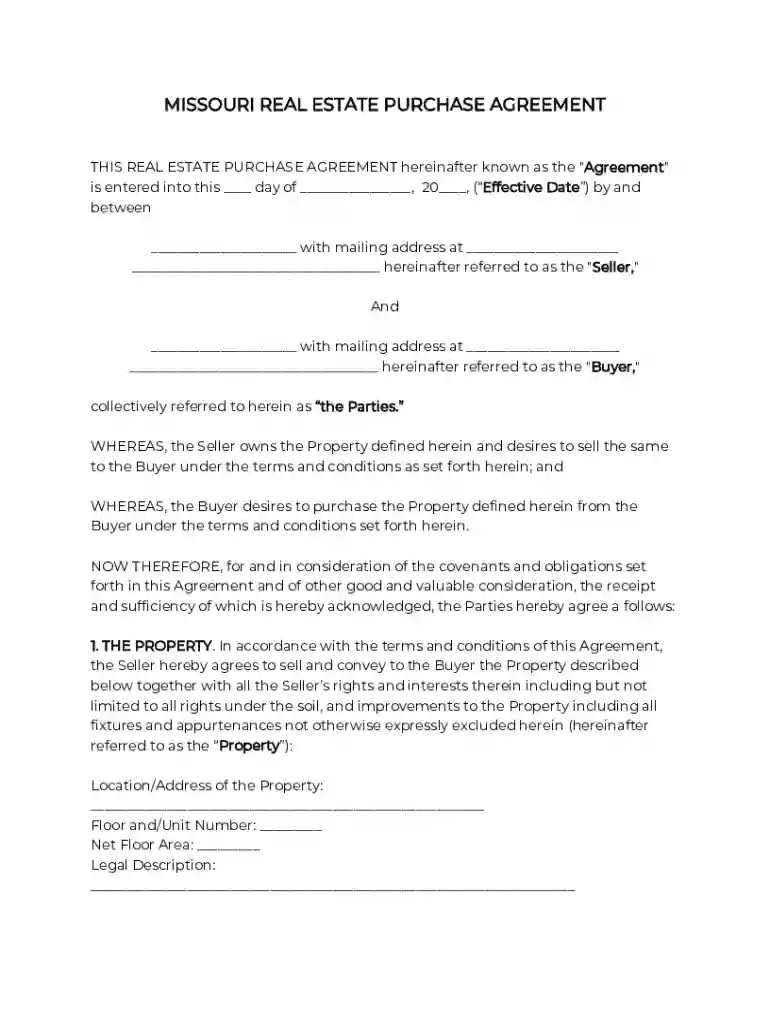 Missouri Real Estate Purchase Agreement Template Preview on Page 1