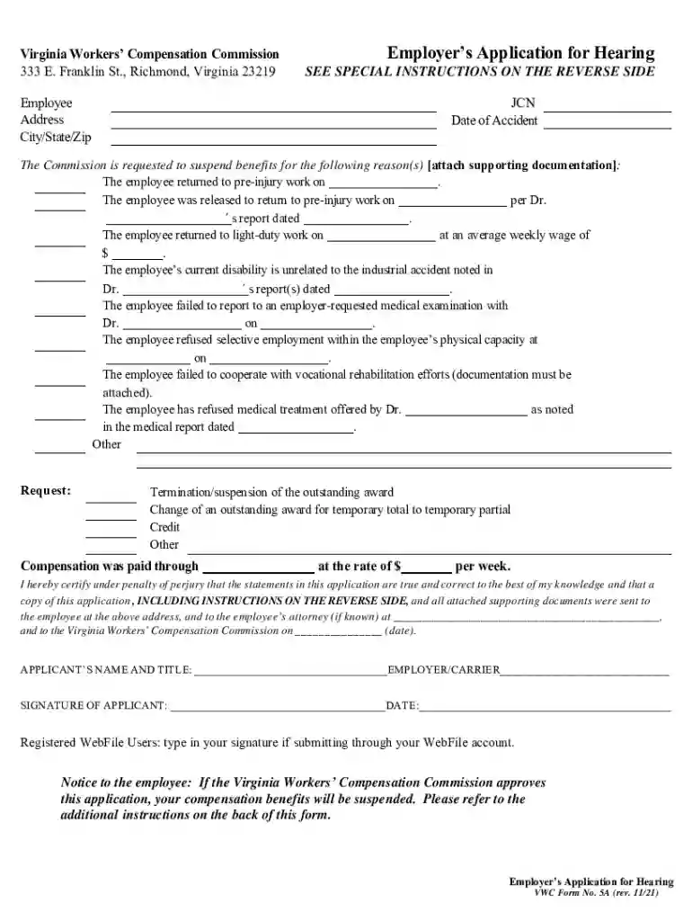 Employer's Application for Hearing (Form 5A) Preview on Page 1