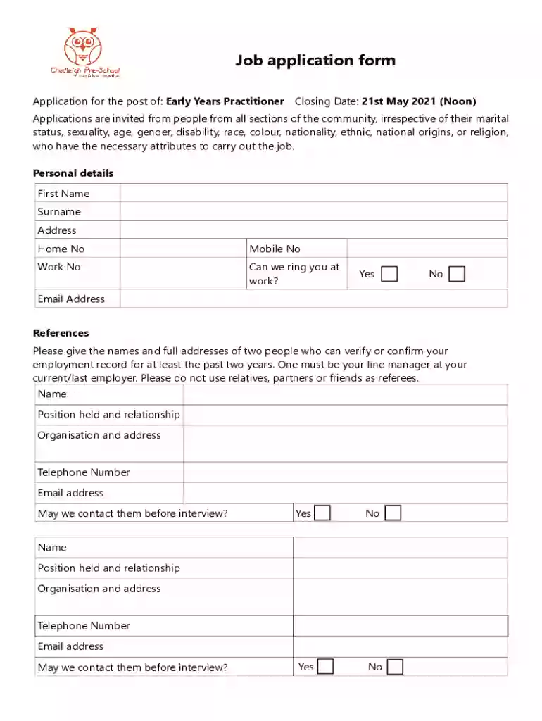 pre school job application Preview on Page 1