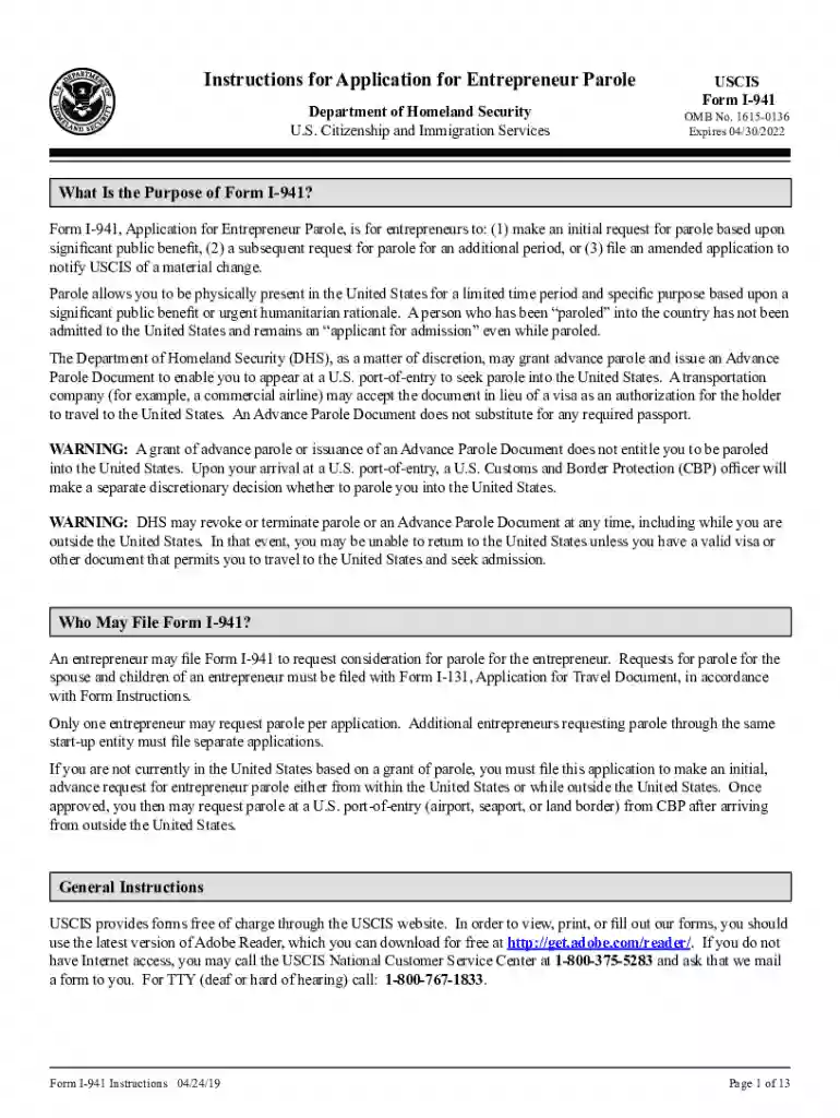 Application for Entrepreneur USCIS Parole Department of Preview on Page 1