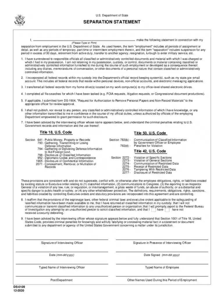 Fillable Form DS109 : SEPARATION STATEMENT U S Department Preview on Page 1