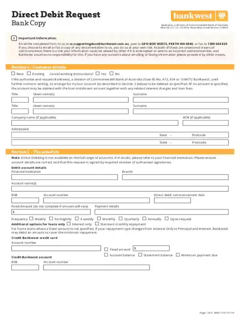 direct debit request form Preview on Page 1
