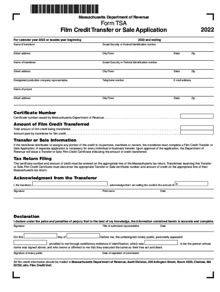 mass 15dor-2018-corp-addl-form-tsaMassachusetts Department of Revenue Form TSA Film Credit Preview on Page 1