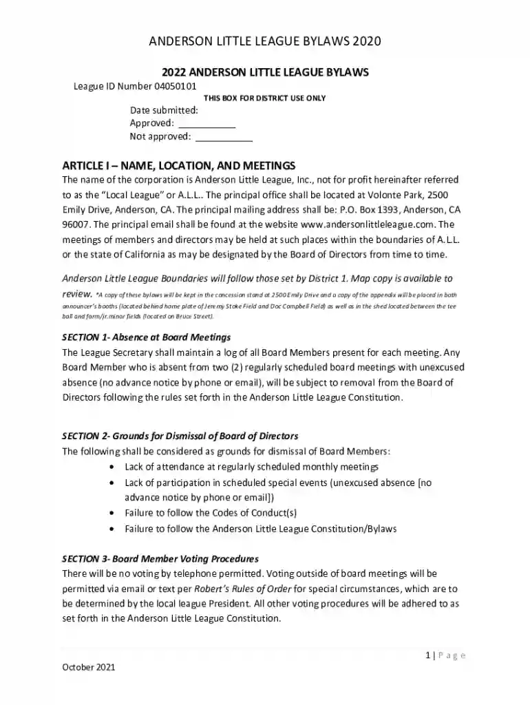 little league bylaws template Preview on Page 1