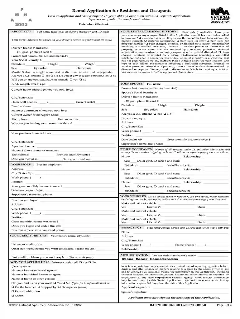 national apartment association rental application for residents and occupants Preview on Page 1