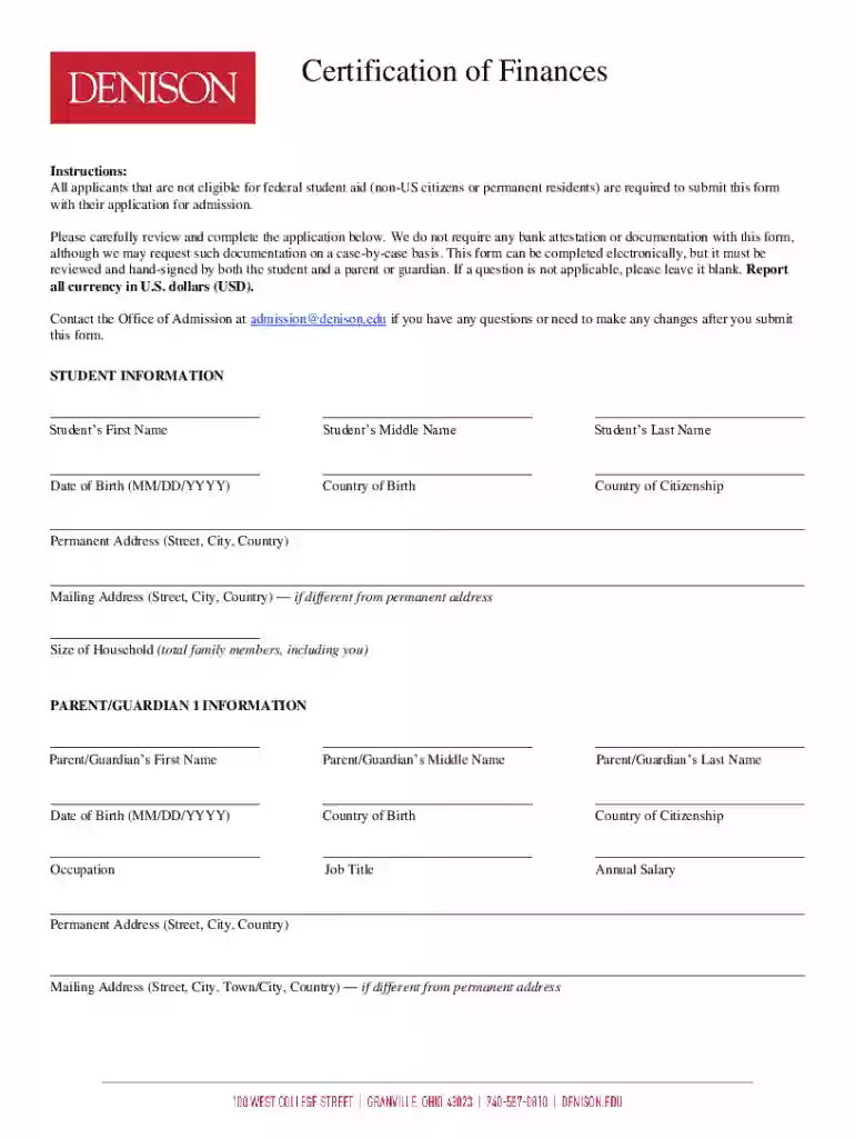 denison formscertification-of-financesCertification of FinancesForms & Policies Preview on Page 1