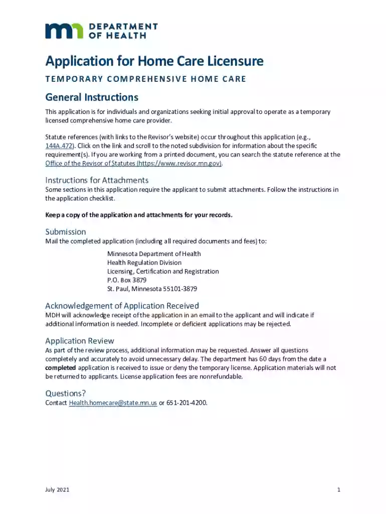 Application for Home Care Licensure Home care license application Preview on Page 1