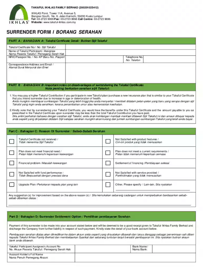 surrender form takaful ikhlas Preview on Page 1