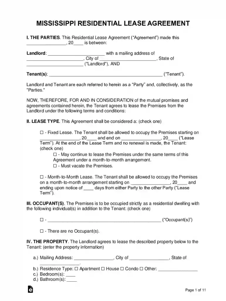 Mississippi Residential Lease Agreement - eForms Preview on Page 1