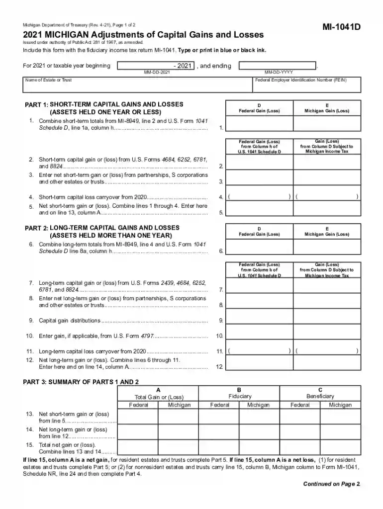 2021 MICHIGAN Adjustments of Capital Gains and Losses MI-1041D Preview on Page 1