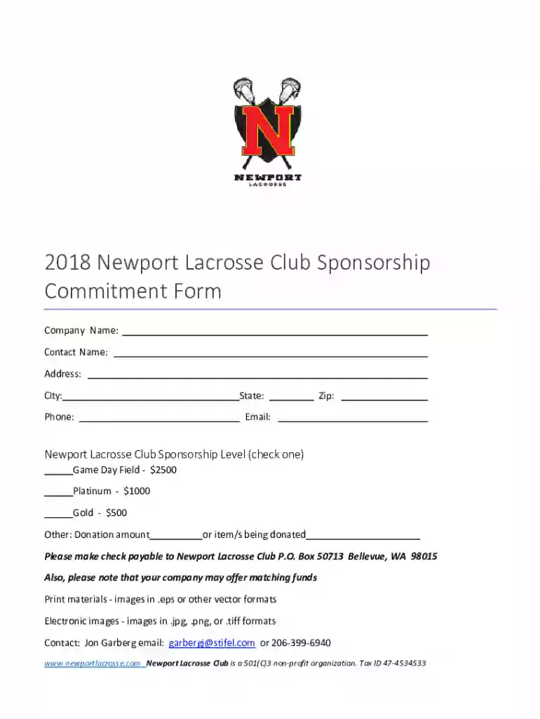 2018 Newport Lacrosse Club Sponsorship Commitment Form Preview on Page 1
