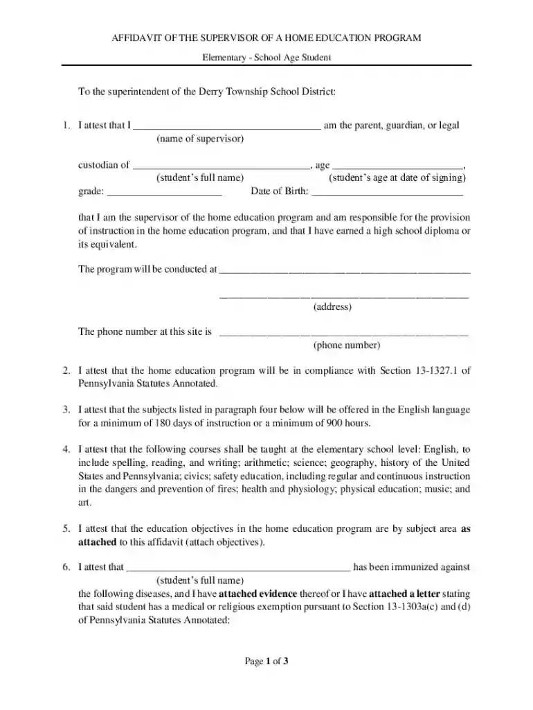 Elementary Homeschool Sample Affidavit - education Preview on Page 1