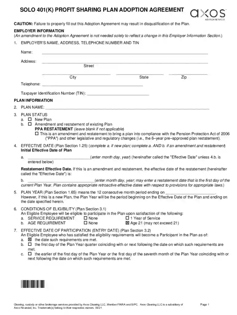 axosadvisorservices Forms-andSOLO 401(K) PROFIT SHARING PLAN ADOPTION AGREEMENT Preview on Page 1