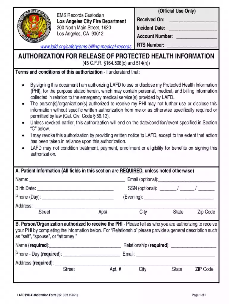 LAFD PHI Authorization Form Preview on Page 1