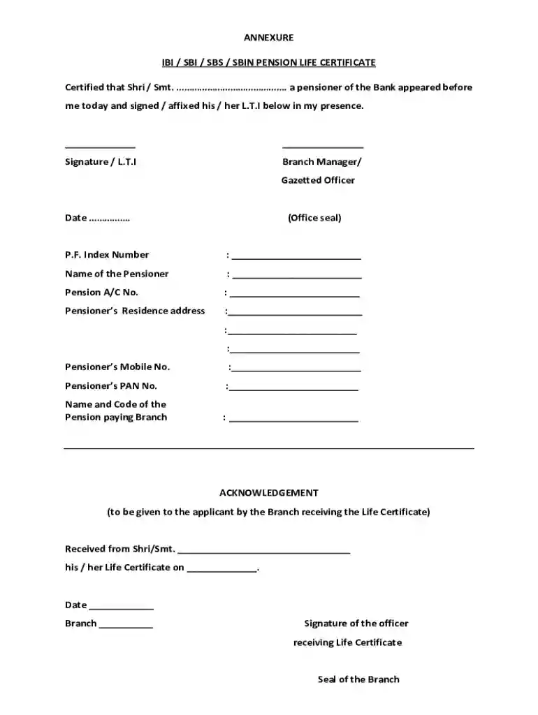sbi pension life certificate form Preview on Page 1
