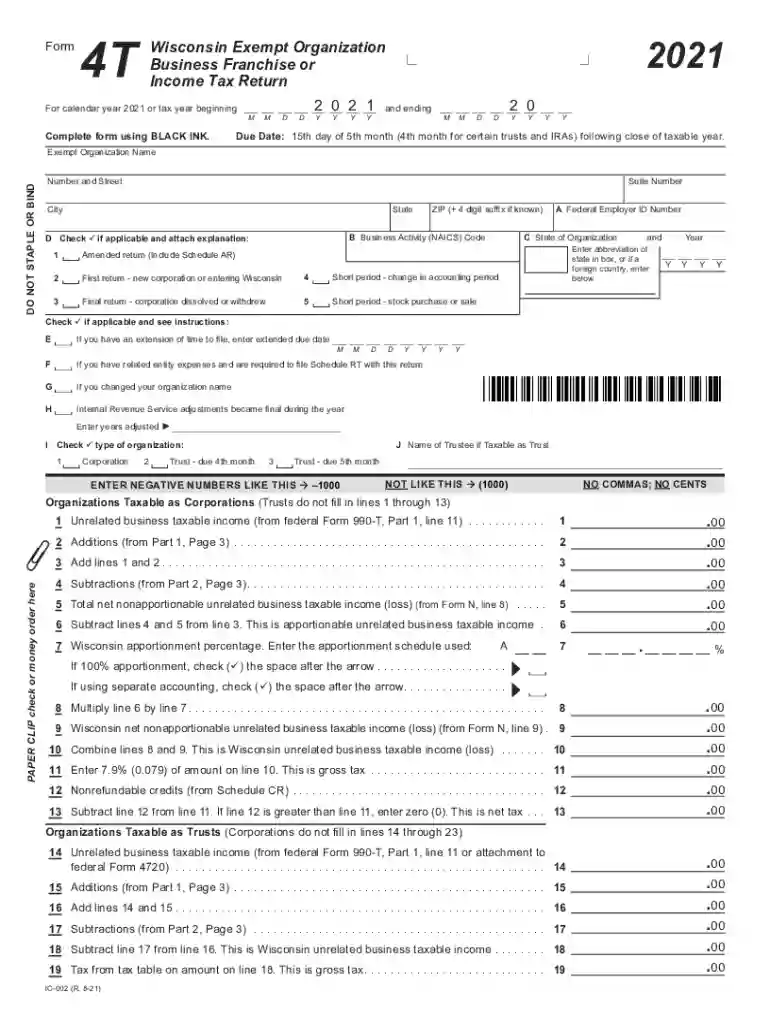 2021 IC-002 Form 4T Wisconsin Exempt Organization Business Franchise or Income Tax Return (fillable) Preview on Page 1