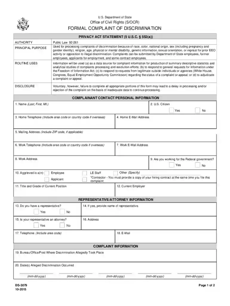 eforms state Formsds3079INFORMATION CONCERNING THE PROCESSING OF YOUR COMPLAINT Preview on Page 1