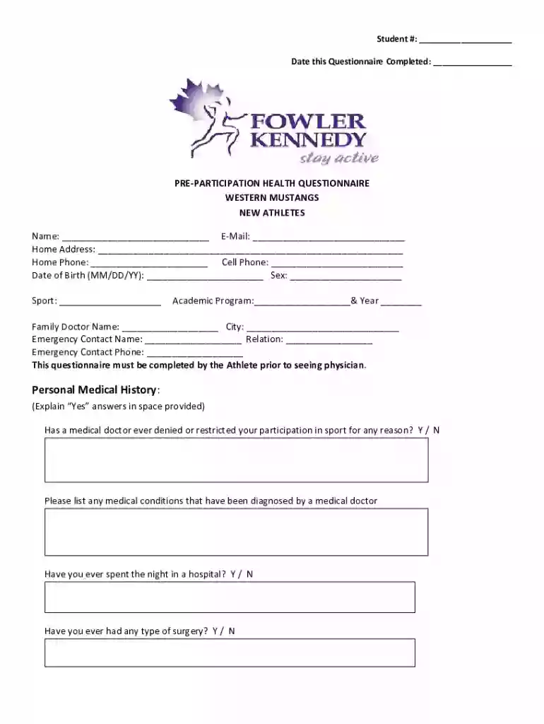 Canada Western Mustangs Pre-Participation Health Questionnaire Preview on Page 1