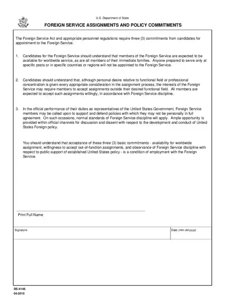 eforms state Formsds4146DS-4146 Foreign Service Assignments and Policy Commitments Preview on Page 1