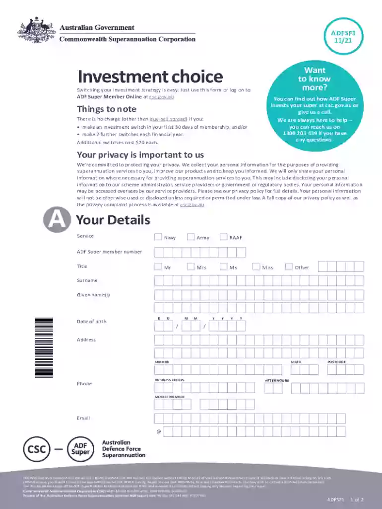 ADF Super Investment Choice form ADF Super Investment Choice form Preview on Page 1