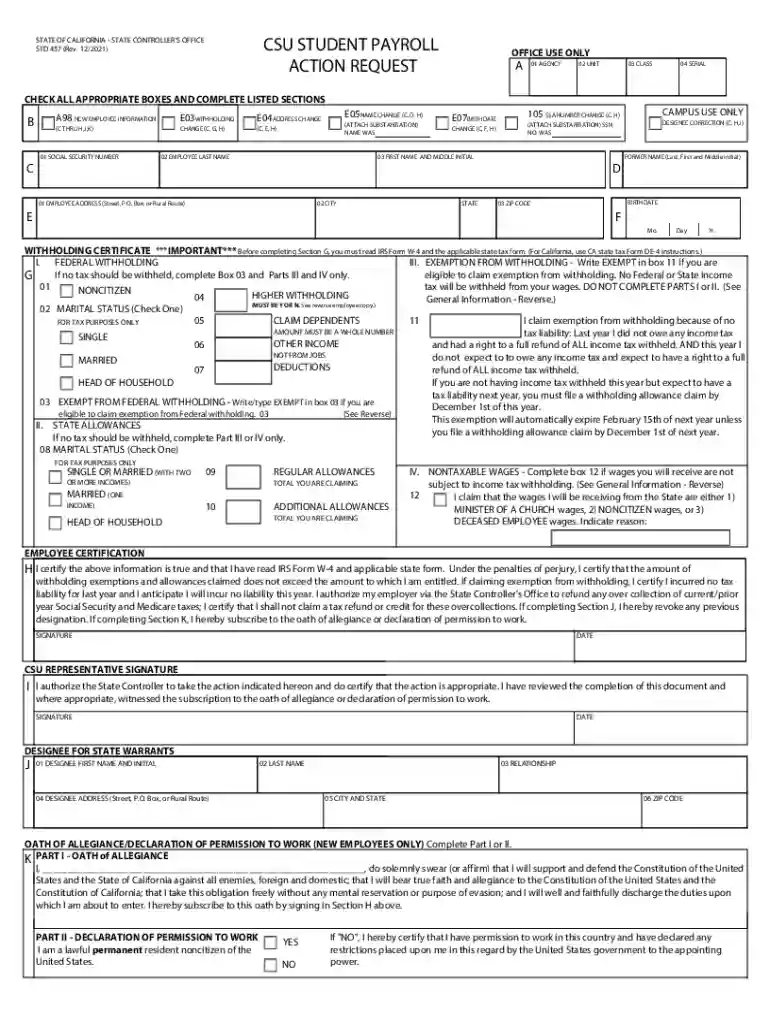 California Student Payroll Action Request Form Preview on Page 1