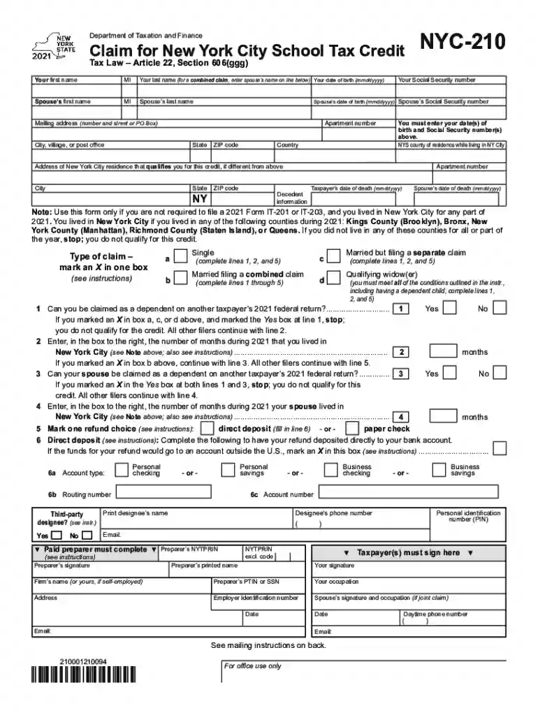nyc 210 form 2024 Preview on Page 1