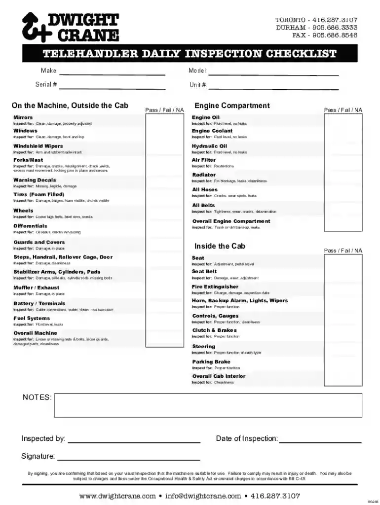 telehandler daily inspection checklist template Preview on Page 1