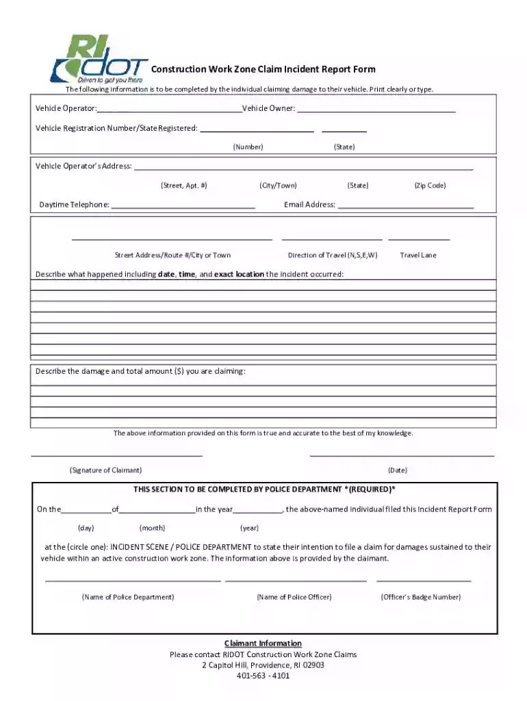 Construction Work Zone Claim Incident Report Form Preview on Page 1