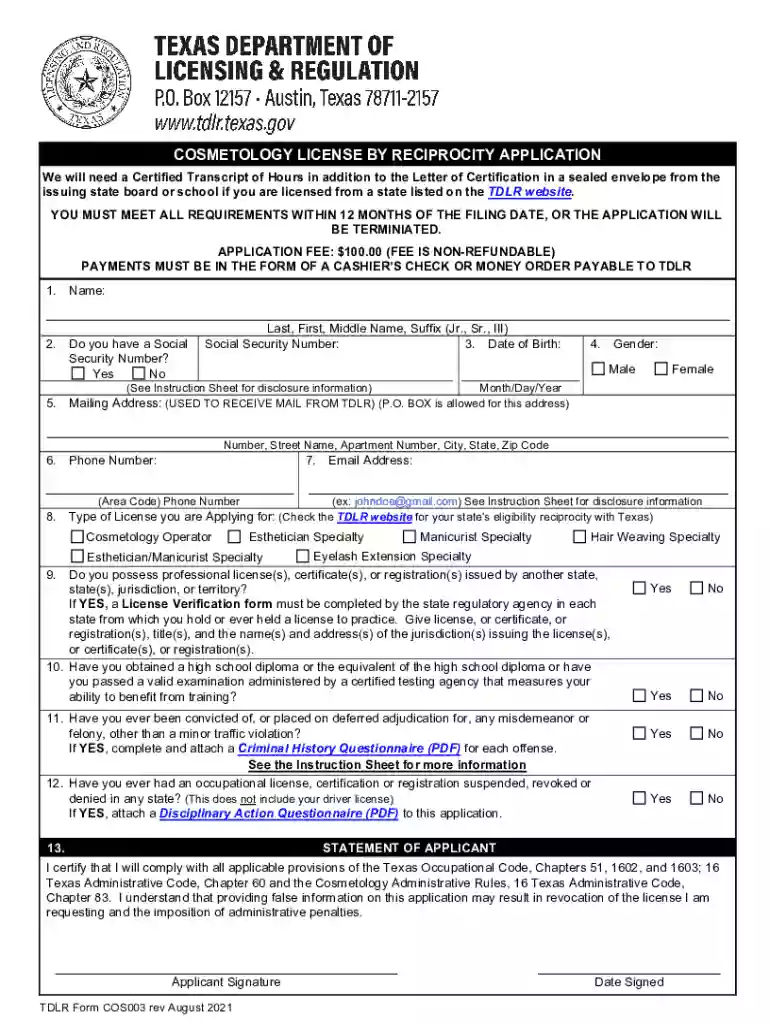 texas cosmetology reciprocity application Preview on Page 1