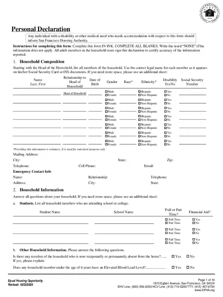 sfha personal declaration Preview on Page 1
