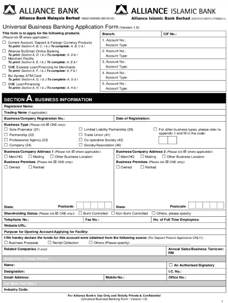 alliance bank banking form Preview on Page 1