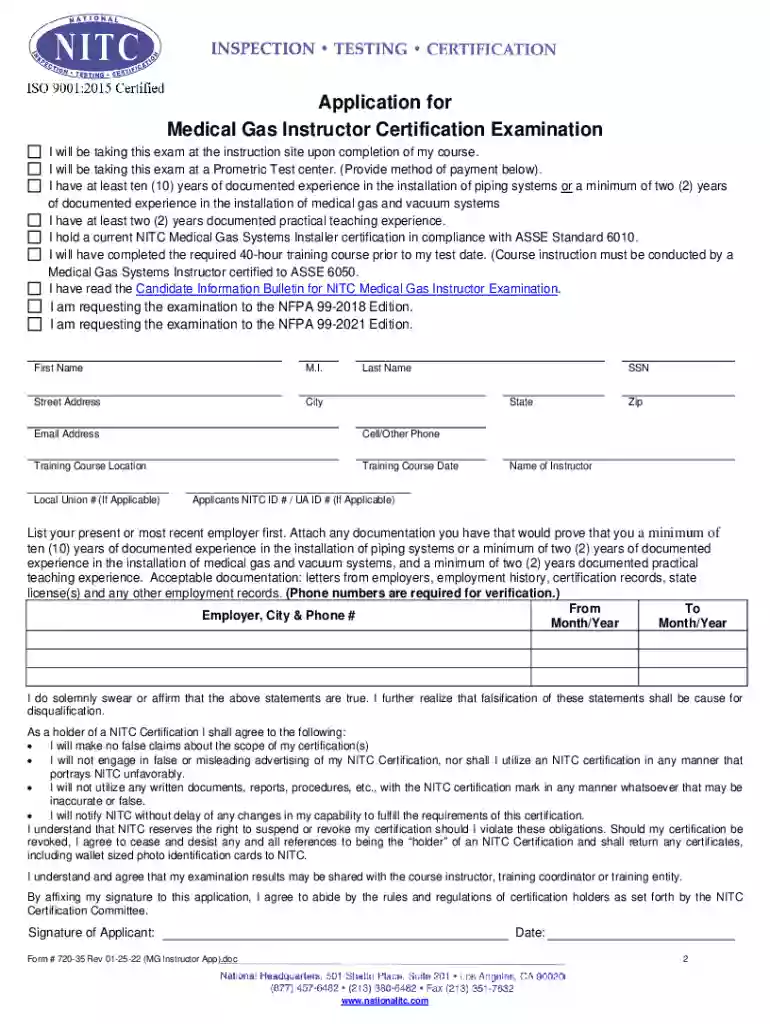 PDF Information Sheet for Medical Gas Instructor Certification Examination Preview on Page 1