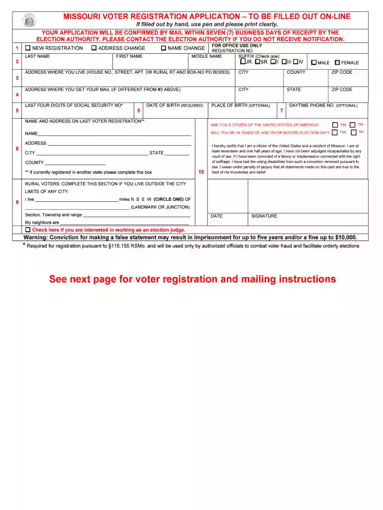 missouri voter registration application Preview on Page 1