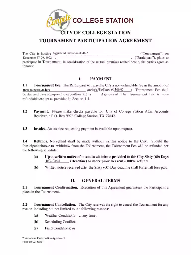 aggielandinvitational files wordpress 2021CITY OF COLLEGE STATION TOURNAMENT PARTICIPATION AGREEMENT Preview on Page 1