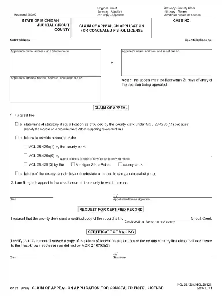 CC 79, Claim of Appeal on Application for Concealed Pistol License Preview on Page 1