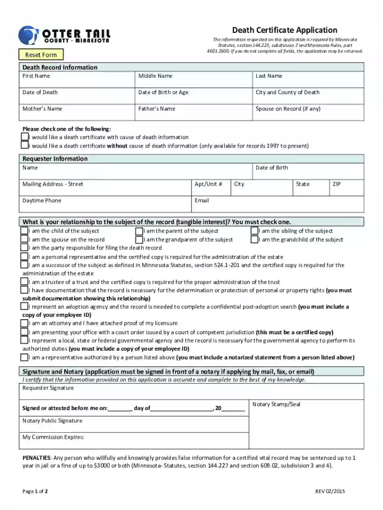 ottertailcountymn us wp-content uploadsDeath Certificate Application - Otter Tail County, MN Preview on Page 1