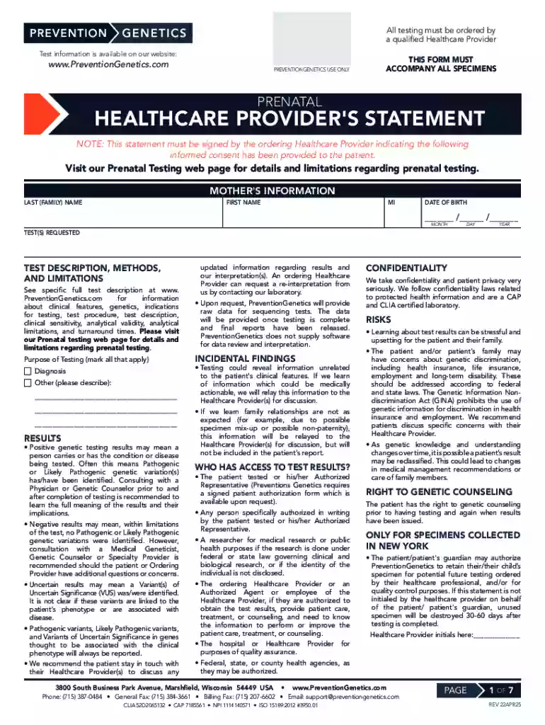 WI PreventionGenetics Prenatal Healthcare Providers Statement Preview on Page 1