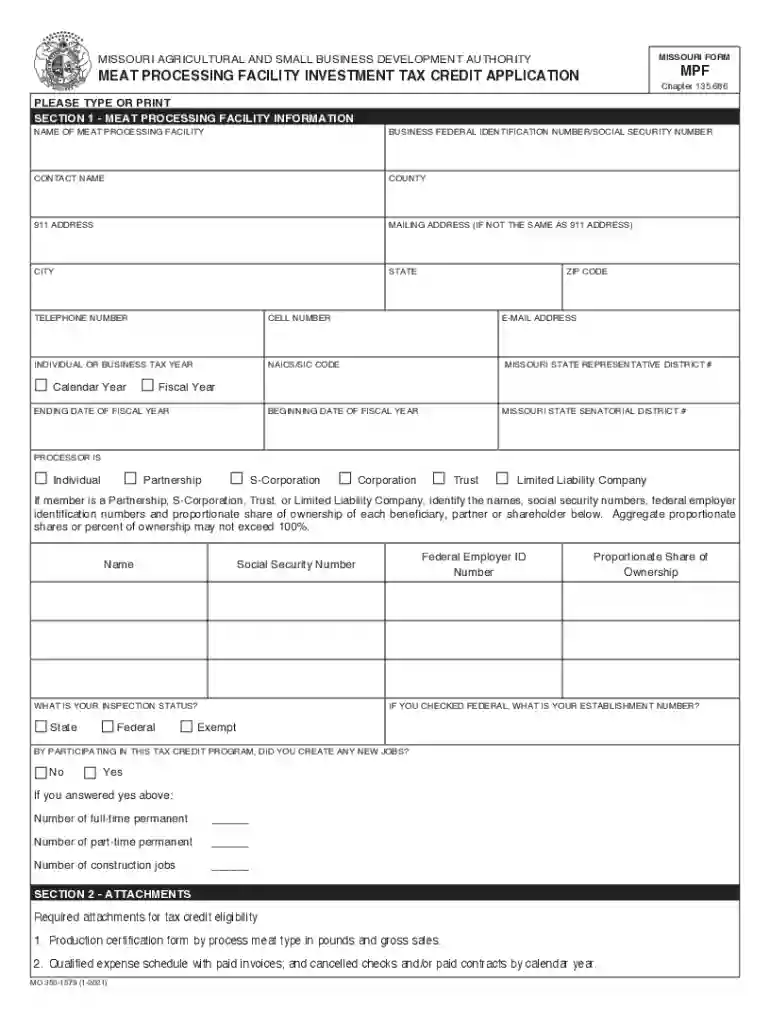 350-1579 (1-2021) MEAT PROCESSING FACILITY INVESTMENT TAX CREDIT APPLICATION Preview on Page 1