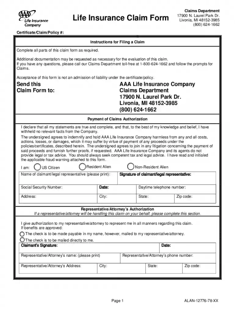 aaa life insurance claim form Preview on Page 1