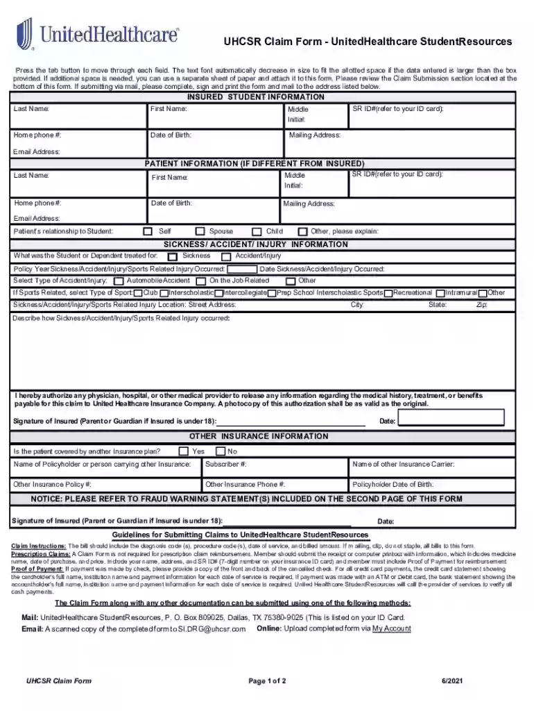 uhcsr claim form Preview on Page 1