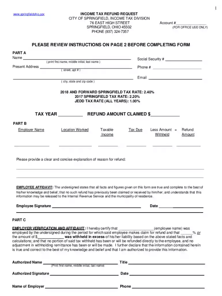Income Tax Refund Request Form - City Of Springfield, Ohio Preview on Page 1