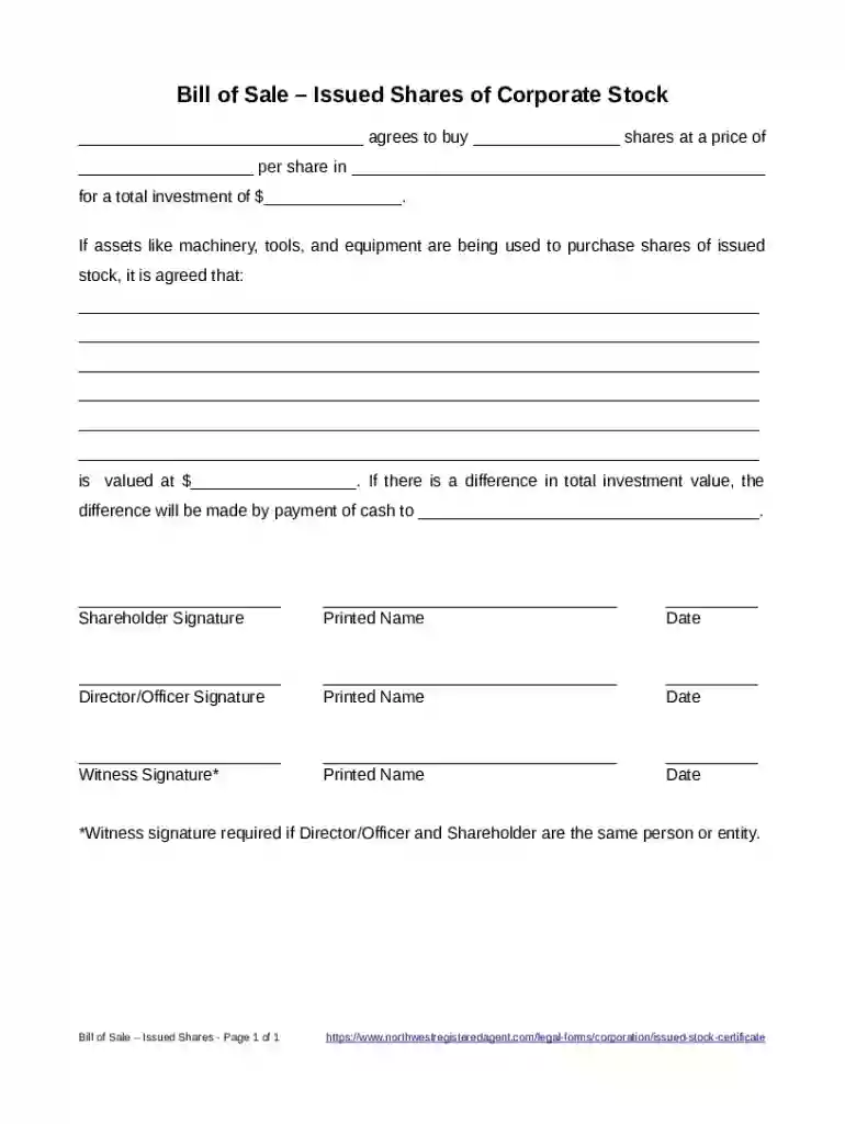 Bill of Sale for Issued Corporate Stock Preview on Page 1
